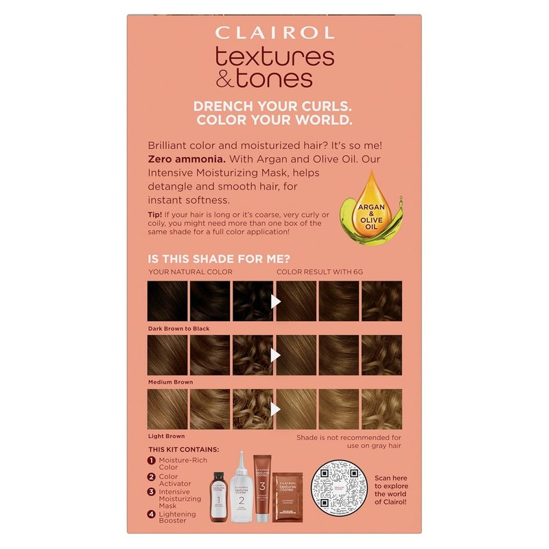 Clairol Textures & Tones Permanent Hair Dye - 6G Honey Blonde | Ammonia-Free, Moisture-Rich Formula with Argan & Olive Oil