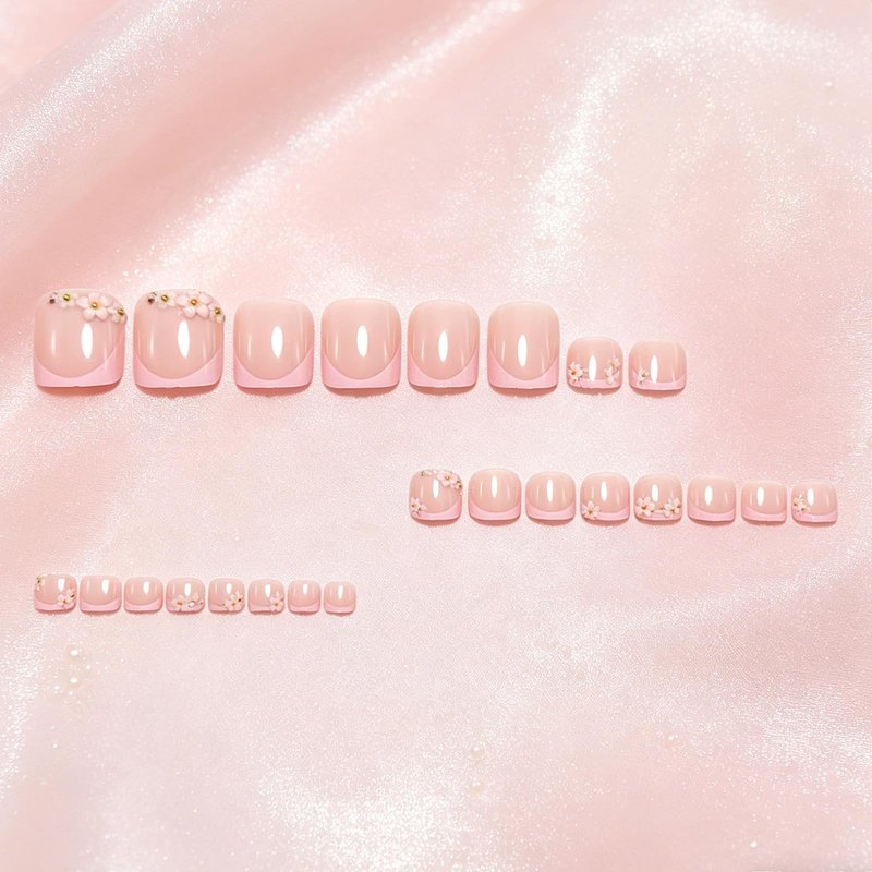 Pink French Tip Press on Toenails Short Square Fake Toe Nails with Flower Charms Nude Glossy Toe Nail Press ons Spring Summer Floral Toe Nail Tips Acrylic Stick on Toenails for Women 24Pcs