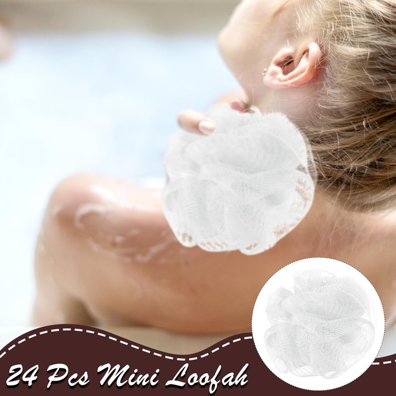 Shellwei 24 Pcs 3 Inch Mini Loofah Travel Size Bulk Shower Sponge Pouf Mesh for Women Kids Men Exfoliating Body Scrubber Baby Shower Favor(White)