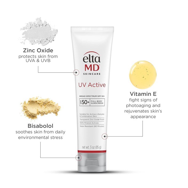 EltaMD UV Active Sunscreen - 100% Mineral SPF 50+ for Active Lifestyles | Water-Resistant 3.0 oz Tube