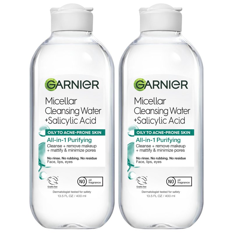 Garnier Micellar Water with Salicylic Acid, All-in-1 Mattifying Facial Cleanser and Makeup Remover for Oily and Acne Prone Skin, 13.5 Fl Oz, Pack of 2