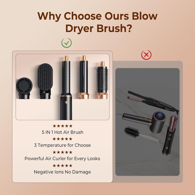 5 in 1 Blow Dryer Brush, Upgrade Hair Dryer Brush Air Curler Air Curling Wrap Styler, Detachable Hot Air Brush Negative Ion Curling Brush Iron, Hair Styling Tools for Drying Curling Straightening
