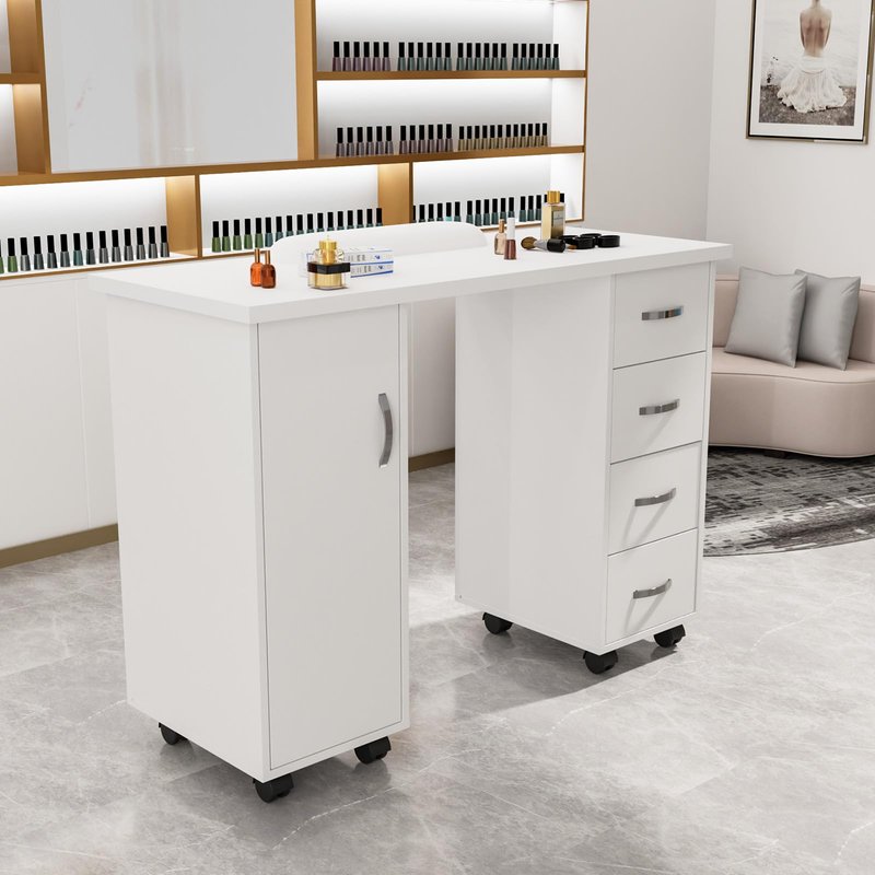OmySalon Manicure Table Nail Desk w/Cabinet, Drawers, Wheels & Wrist Rest, Spa Salon Beauty Home Wooden Technician Workstation Nail Art Equipment for Nail Tech, White