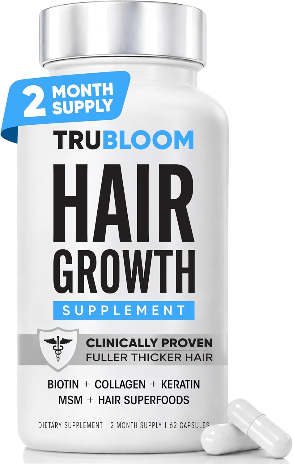 TRU BLOOM Hair Growth Vitamins - Biotin & Collagen for Fuller, Thicker Hair | 2-Month Supply