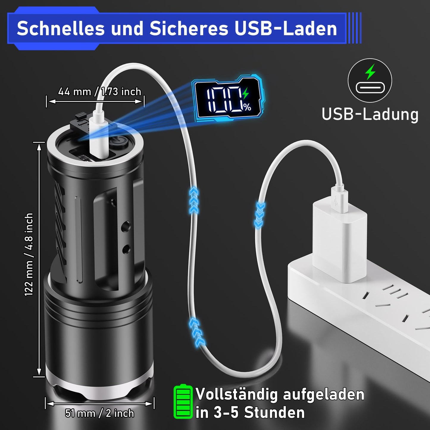 JAY-PARK LED Flashlights High Lumens 100000, Built-in 10800mAh Rechargeable Battery and LCD Power Display, 5 Lighting Modes, Zoomable, for Home, Emergency