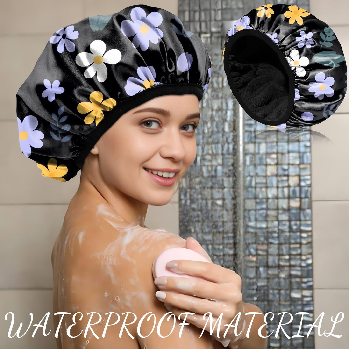 Zewurtuw Luxury Shower Cap Terry Cloth Lined EVA Waterproof Reusable Triple Layer Elastic Hair Bath Caps for Women Girls Cute-Purple Flower