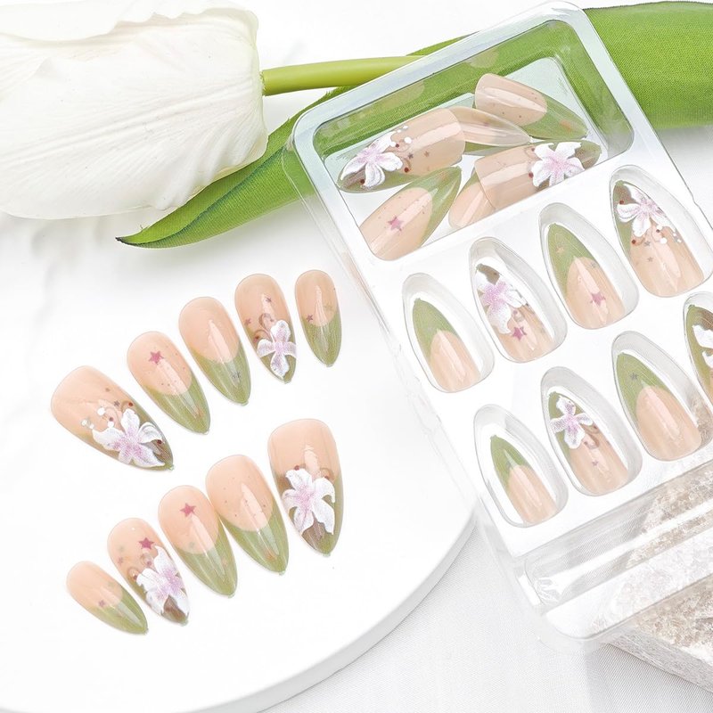 Skiennix 24Pcs Green French Tip Press-On Nails - Medium Almond Shape with Colorful Star & Lily Design