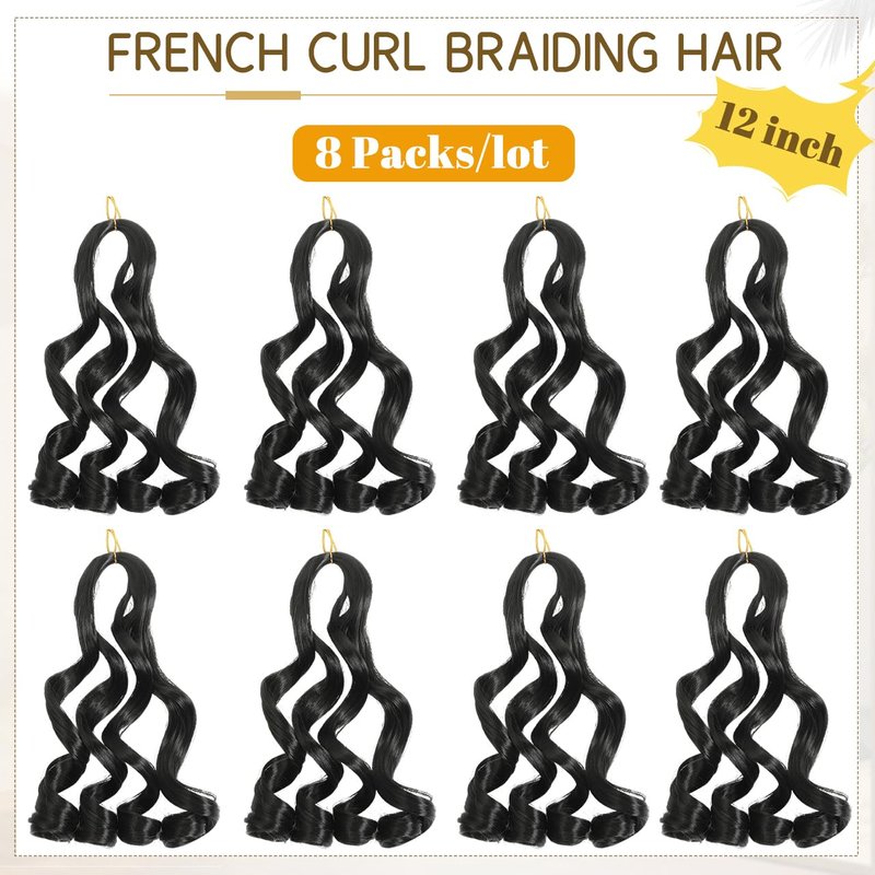 French Curl Braiding Hair - 12 Inch Pre-Stretched Synthetic Curly Extensions for Braids | 8 Packs for Black Women
