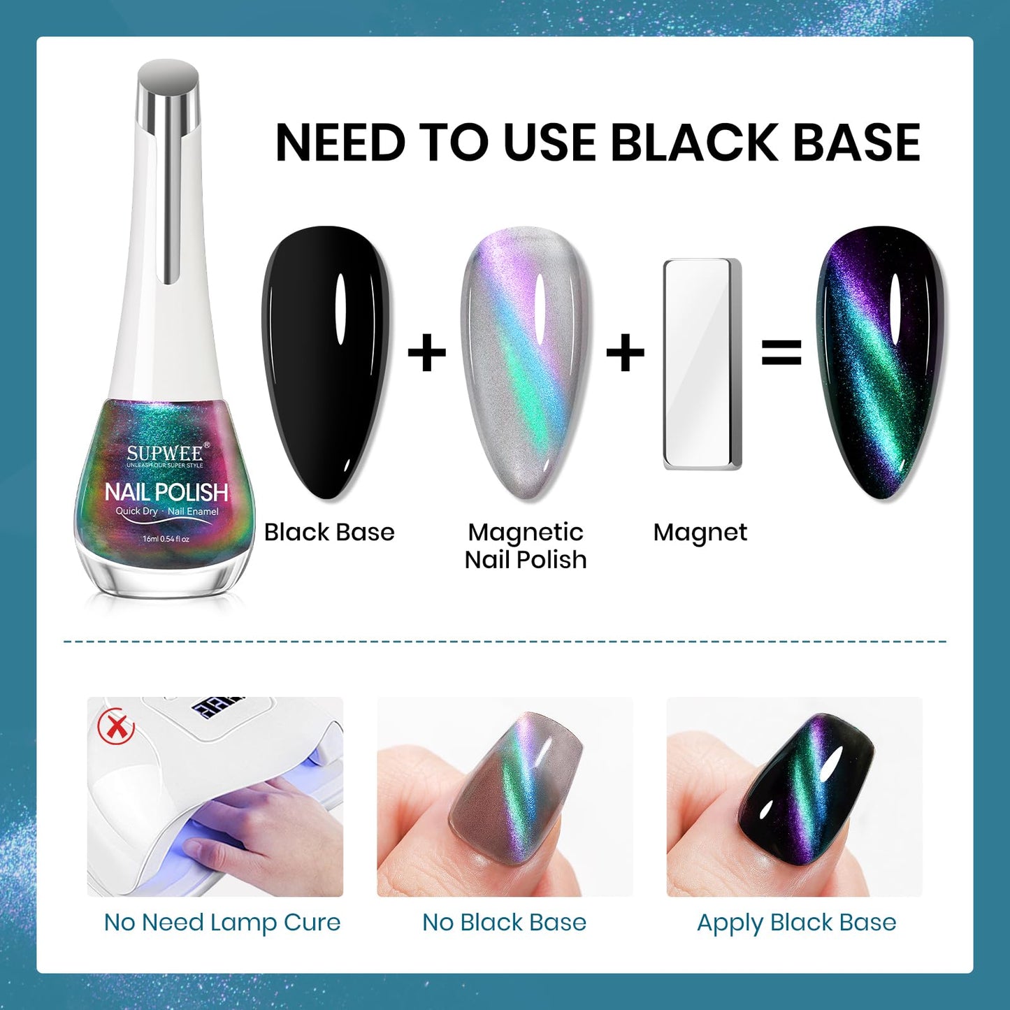 SUPWEE Cat Eye Nail Polish Non Gel with Magnet Quick Dry Cateye Magnetic Nail Polish for Fingernail Air Drying Fast Lacquer Manicure Gift For Women Girls 16ml, 0.54fl oz