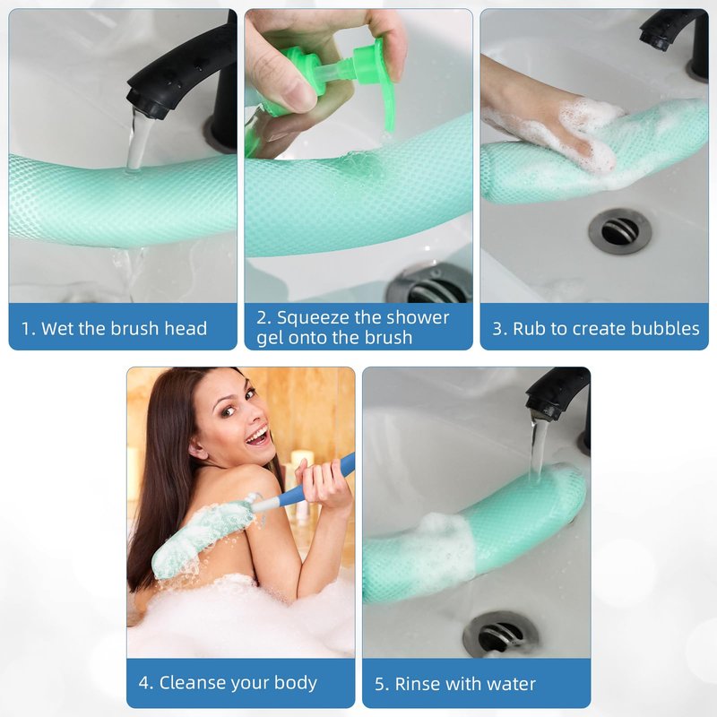 KkaFFe Shower Back Brush with Long Handle, 15.35" Body Brush, Long Back Scrubber for Men Women, Long Handled Sponge Body Exfoliator, Loofah Back Scrubber for Aid Bathing（Black）