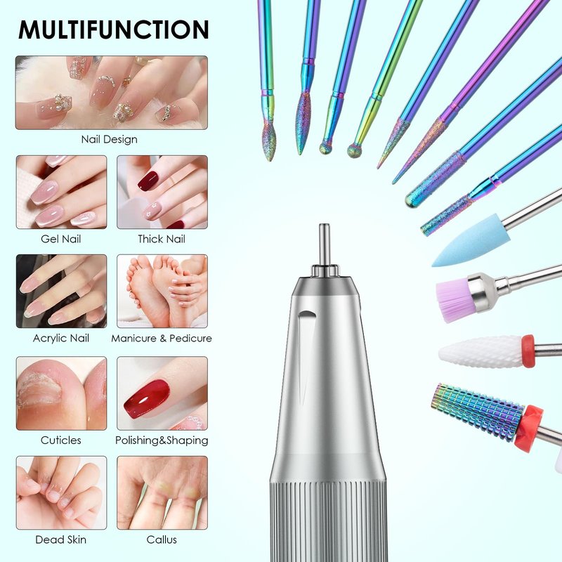 HOMEASY Electric Nail Drill, 40000RPM Professional E-Filer Rechargeable with 15 Drill Bits, Portable Nail File Electric Nail Filer for Acrylic Nails Gel Polishing Removing for Salon Home (Blue)