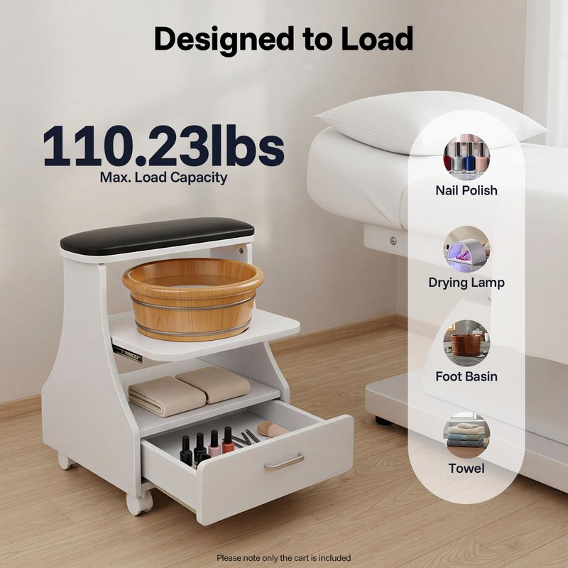 Ginelm Mobile Pedicure Foot Rest with Storage, 3-Tier Rolling Manicure Station Footrest Cart with Wheels & PVC Cushion, Portable Foot Nail Tech Table for Salon, Spa, Home Use, 110lbs Capacity