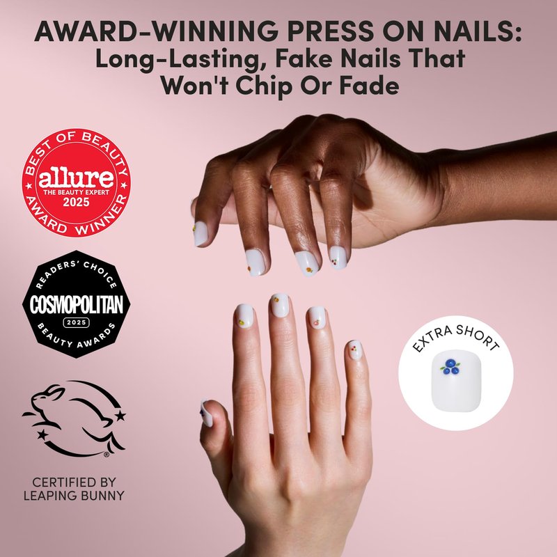 Glamnetic Press On Nails - White Extra Short 3D Fruit Design | Salon Quality Summer Nails | 12 Sizes - 30 Nail Kit with Glue