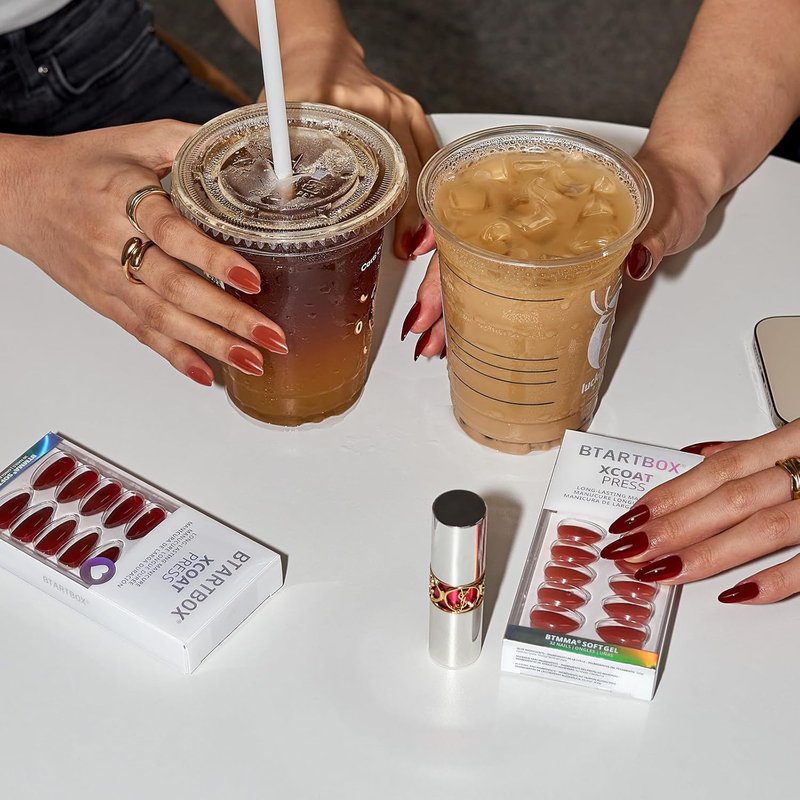 Press On Nails - Almond Shape Dark Red Medium Soft Gel | 32 Stick-On Nails Kit in 16 Sizes