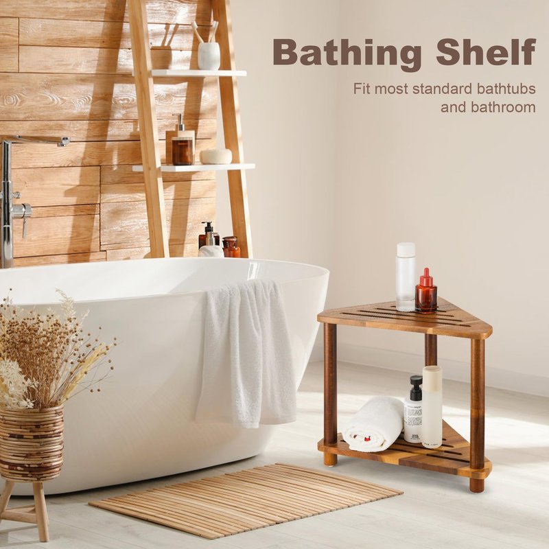 OKLILIYA Corner Shower Stool, Shower Foot Rest for Shaving Legs, Small Shower Acacia Wood Waterproof Shower Bench for Inside Shower Spaces (Corner Stool 03)