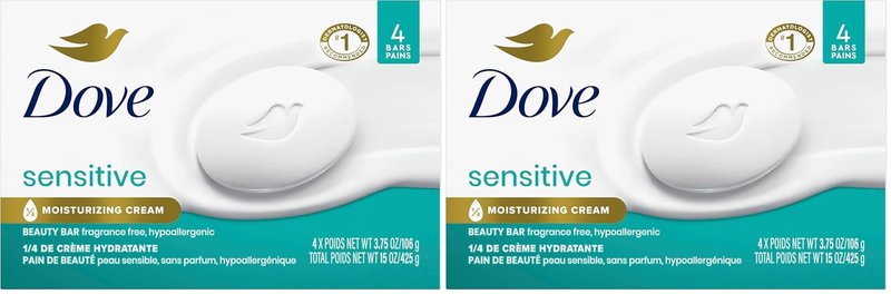 Dove Beauty Bar More Moisturizing Than Bar Soap for Softer Skin, Fragrance Free, Hypoallergenic Sensitive Skin With Gentle Cleanser 3.75 oz, 4 Bars(Pack of 2)