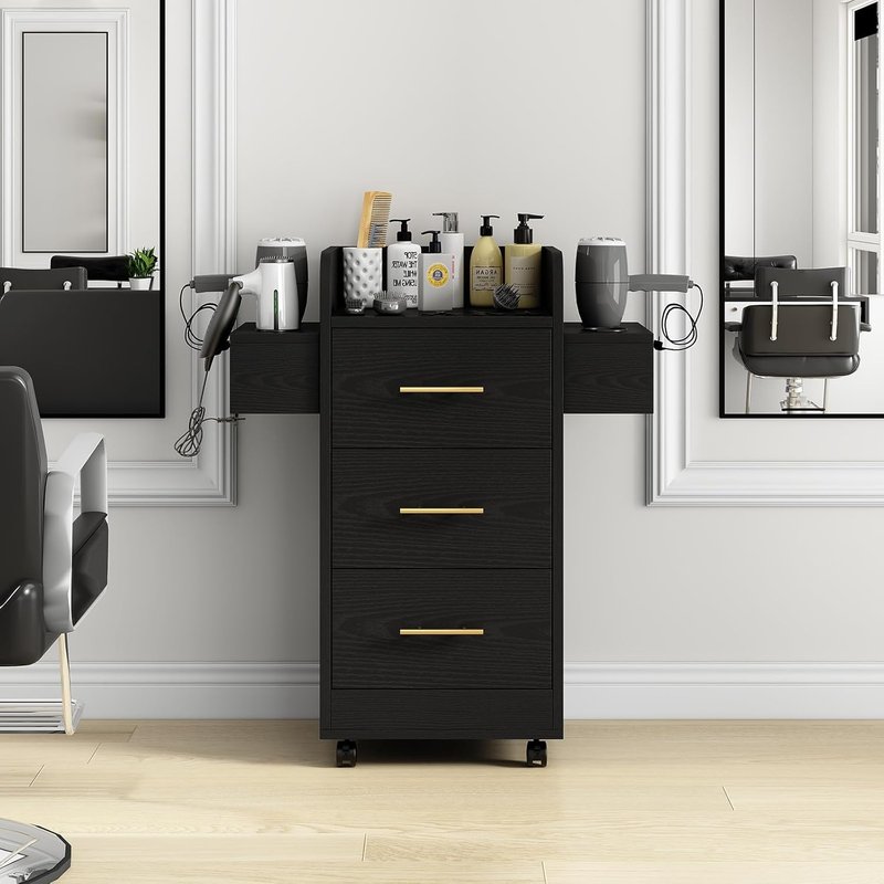 4ever2buy Rolling Salon Station - Hair Stylist Trolley Cart with Wheels, 6 Dryer Holders & 3 Drawers | Black & Gold