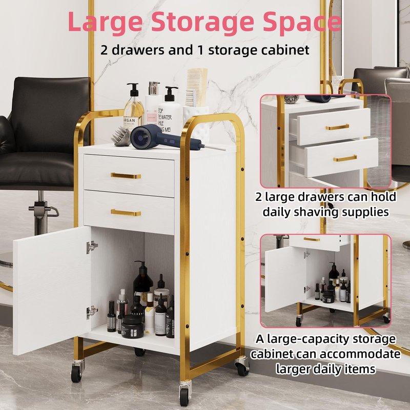 4ever2buy White and Gold Salon Trolley Cart with Wheels, Salon Cart with Drawers and Cabinet, Rolling Cart for Hair Stylist, Professional Salon Stations Organizer
