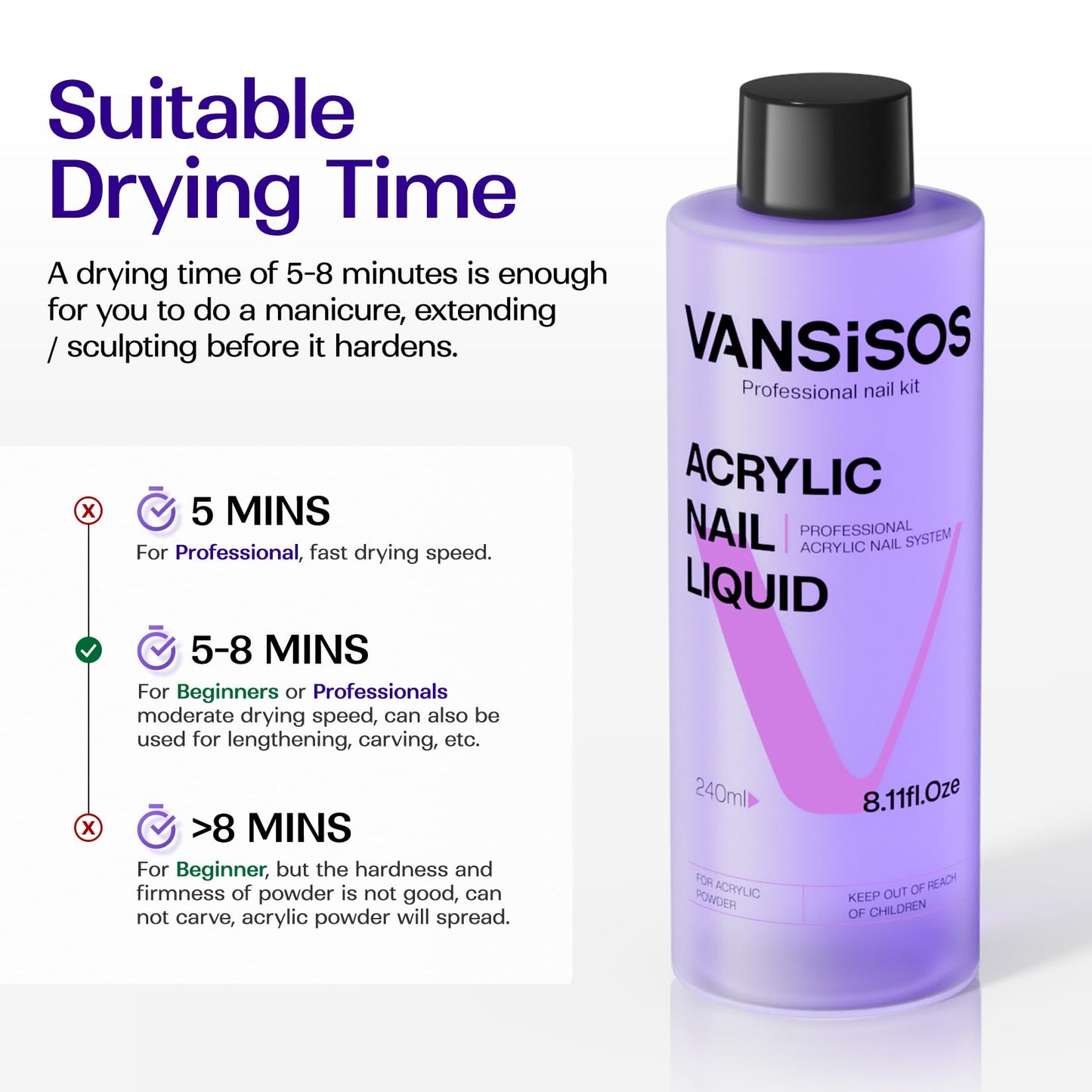 VANSISOS Professional Acrylic Nail Liquid: 8fl.oz Acrylic Liquid for Acrylic Powders Non-Yellowing for MMA-Free DIY Home Nail Salon Use