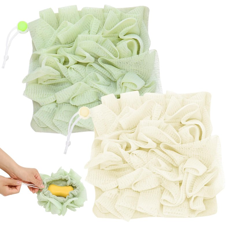 ZhouBoat 2 Pack Exfoliating Loofah Soap Holders with Washcloth Double-Sided Bath Sponge Body Scrubber Reusable Shower Pouches