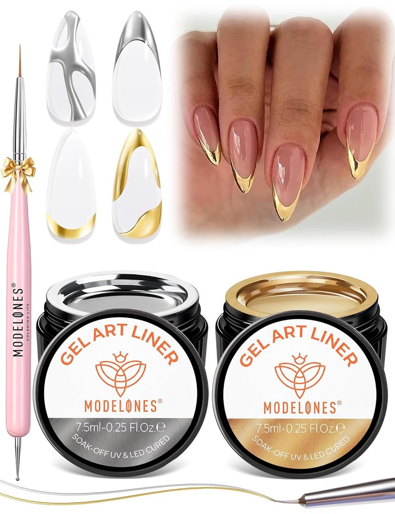 Modelones Gold & Silver Gel Nail Polish Set - 3D Chrome Metallic Liner Gel for Professional Nail Art | Soak Off, Fine Brush