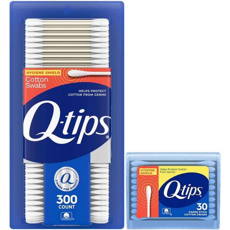 Cotton Swabs - Q-Tips Hygiene Shield 300 Count | Travel-Size 30 Count for First Aid, Beauty & Baby Care