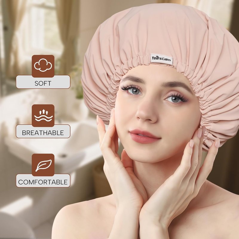 Reusable Waterproof Shower Cap for Women - Double-Layer Hair Protection | Light Pink, One Size