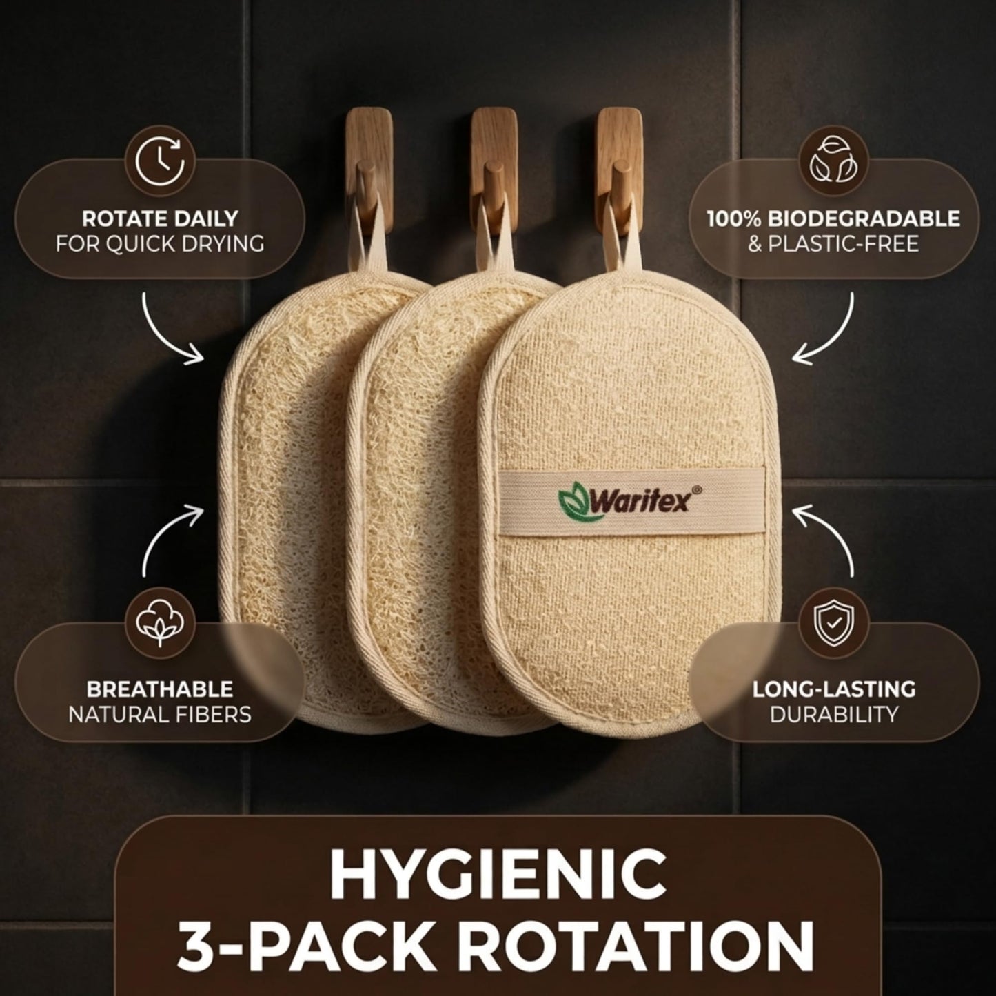 Waritex Egyptian Loofah Oval Exfoliating Body Scrubbers [3 Pack] - Loofah Shower Pads with Hand Strap for Gentle Skin Exfoliation, Smooth & Refreshing Skin, Face and Body
