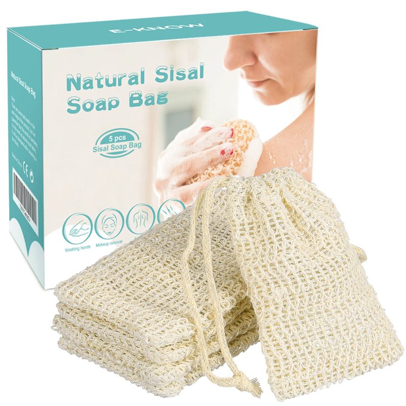 E-Know Soap Bag, 5 Pack Natural Sisal Soap Saver, Zero Waste Plastic-Free Soap Net, Foaming and Drying The Soap, Massage, Peeling