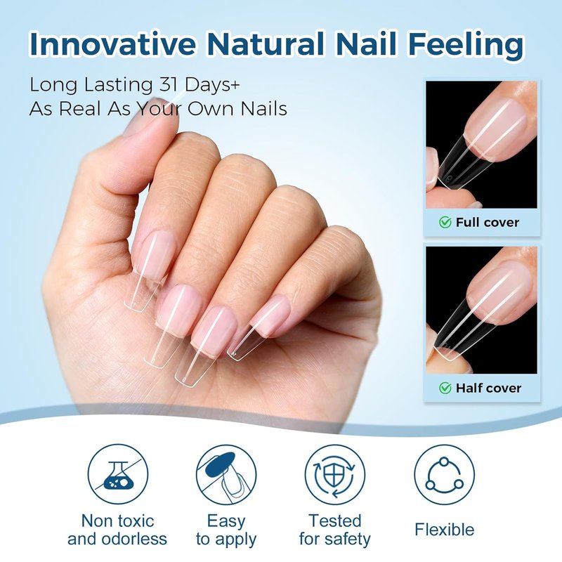 Coffin Nail Tips - 240pcs Soft Gel Half Matte Pre-Shaped Clear Fake Nails | Perfect for Beginners & Professionals