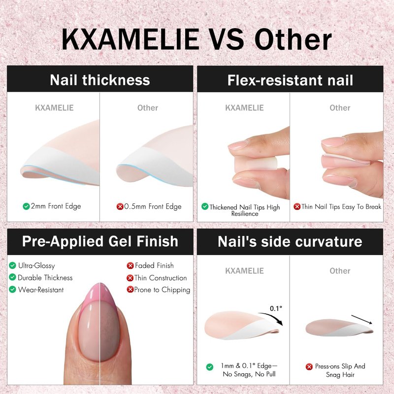 KXAMELIE French Tip Press on Nails Short Almond - Chrome Silver French Tip Nails with Glue & Tabs, Opaque Natural Nude Fake Nails in 12 Sizes - 24 Soft Gel Glue on Nail Kit for Women Manicure Gift