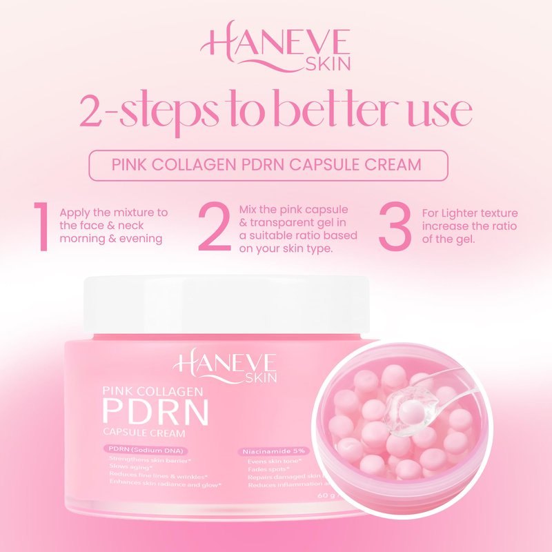 Haneve Skin Pink Collagen PDRN Capsule Cream – Hydrating & Radiance-Boosting Face Moisturizer with PDRN (Sodium DNA), Niacinamide 5% & Collagen Capsules – 60g / 2 oz
