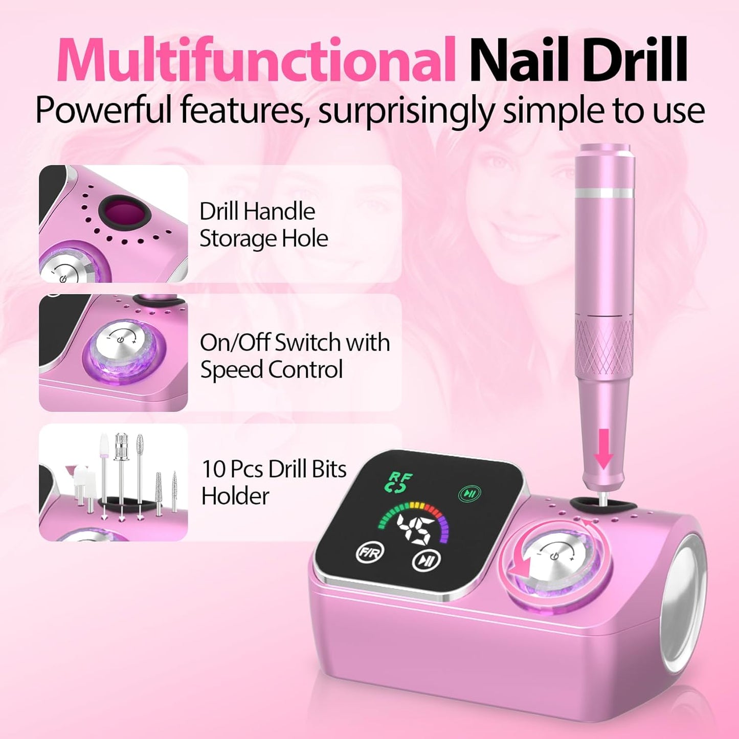 Skiennix Professional Electric Nail Drill E-File Machine - 45,000 RPM, Low Noise & LED Display for Acrylic Gel Nails