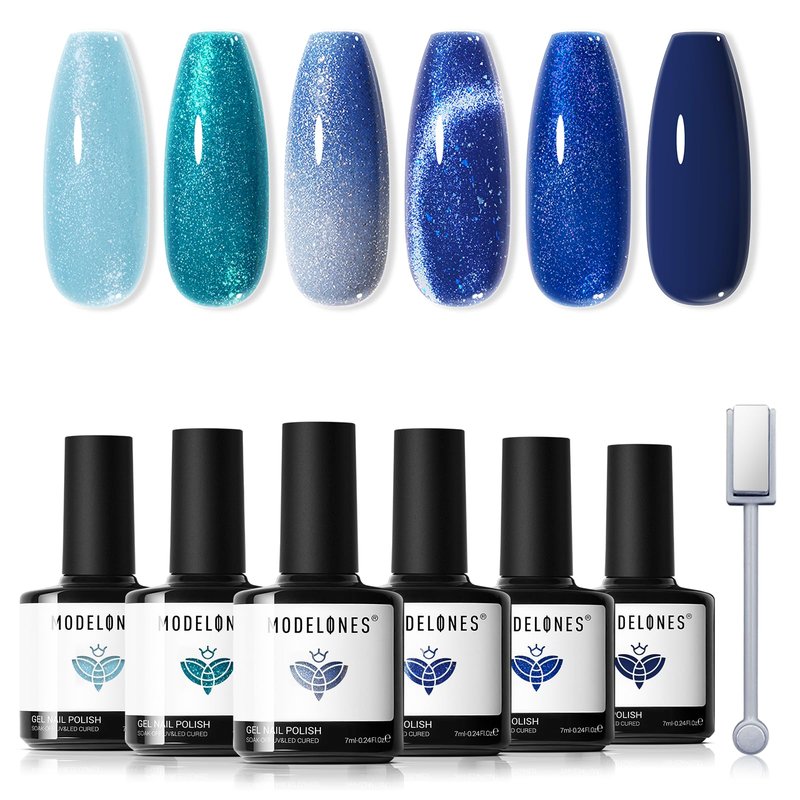 modelones Blue Gel Nail Polish Set, 6 Colors Cat Eye Glitter Color Changing Chameleon Gel Polish Kit with Magnet Snow Stickers Soak Off Led Nail Art Manicure Salon DIY Holiday Gifts