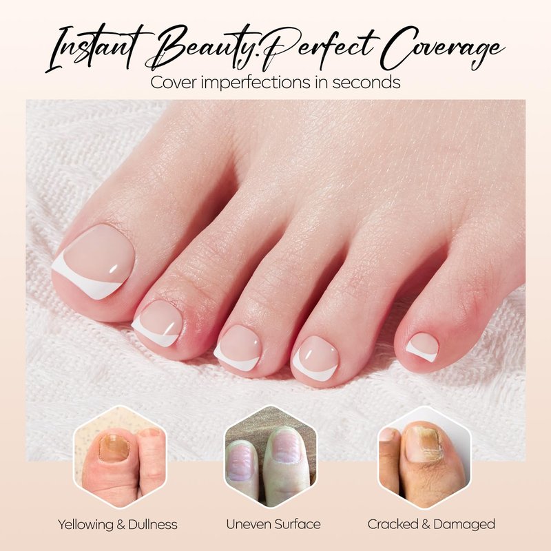 Modelones Press on Toenails Short, Nude French Tip Toe Nails Square, Reusable Nail Kit with Nail Glue Adhesive Tabs Mini Nail File, Toe Nails 36Pcs 18Sizes, Summer Spring Women Girl Gift
