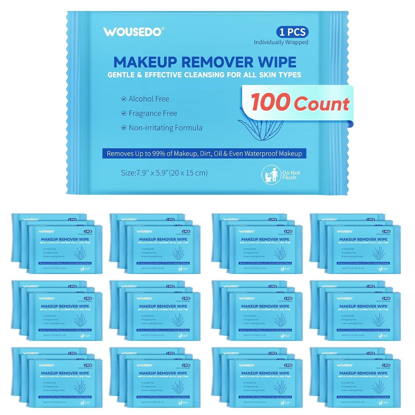 WOUSEDO Makeup Remover Wipes - 100 Count Gentle Cleansing Towelettes | Alcohol-Free & Hypoallergenic