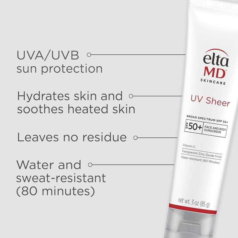 EltaMD UV Sheer Sunscreen SPF 50+ - No White Cast, Transparent Zinc Oxide & Hyaluronic Acid, Moisturizing Protection