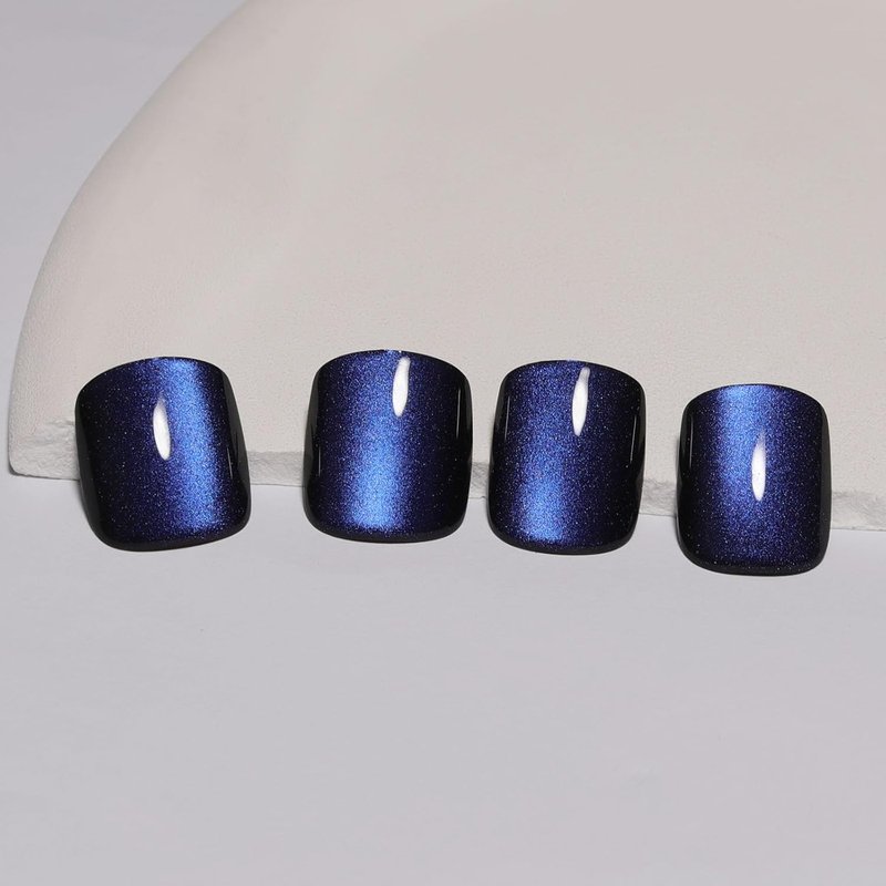 Dark Blue Press On Nails - Short Cat Eye Fake Nails with Color-Shifting Glow | 30 Nail Kit, Reusable, 15 Sizes, Thick Glue