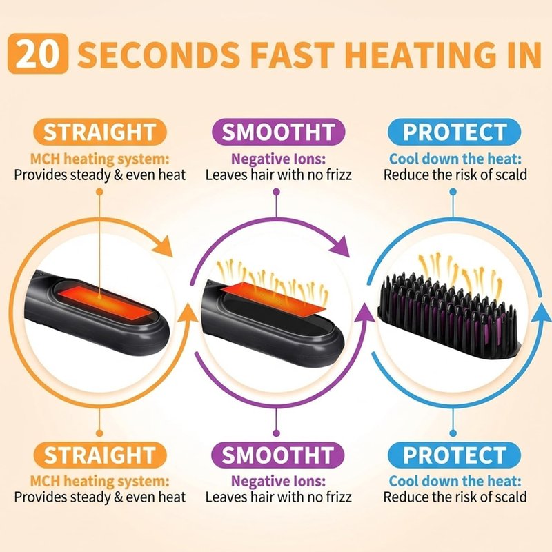 Go Brush Pro Cordless Hair Straightener Brush - 4 Adjustable Temperatures, Portable USB Charging, Black