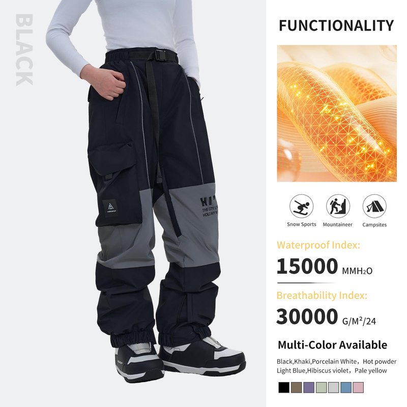 HIGH EXPERIENCE Ski Pants Snow Snowboard Pants Waterproof Insulated Baggy Windproof Hiking Winter Warm for Men Women (Black, Small)