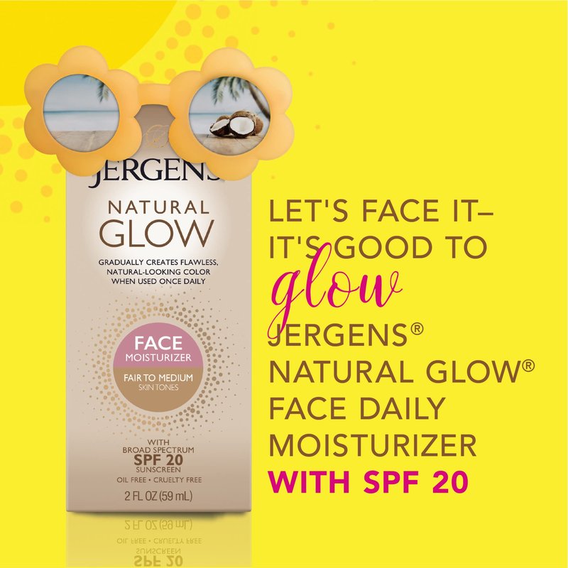 Jergens Natural Glow Face Self Tanner Lotion SPF 20, Sunless Tanning, Fair to Medium Skin Tone, Daily Facial Sunscreen, Oil-Free, Broad Spectrum UVA and UVB Protection, 2 Oz, Pack of 2