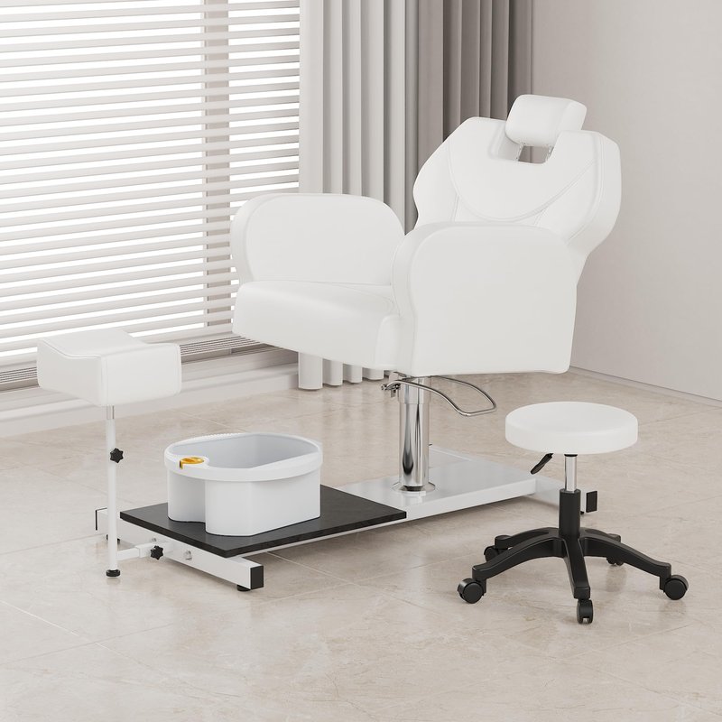 KIGOTY Pedicure Chair No Plumbing for Nail Tech, 360° Swivel Nail Tech Pedicure Chair for Salon with Massage Bath Bowl & Footrest, Height Adjustable Reclining Foot Station Unit, Foot Spa Chairs, White