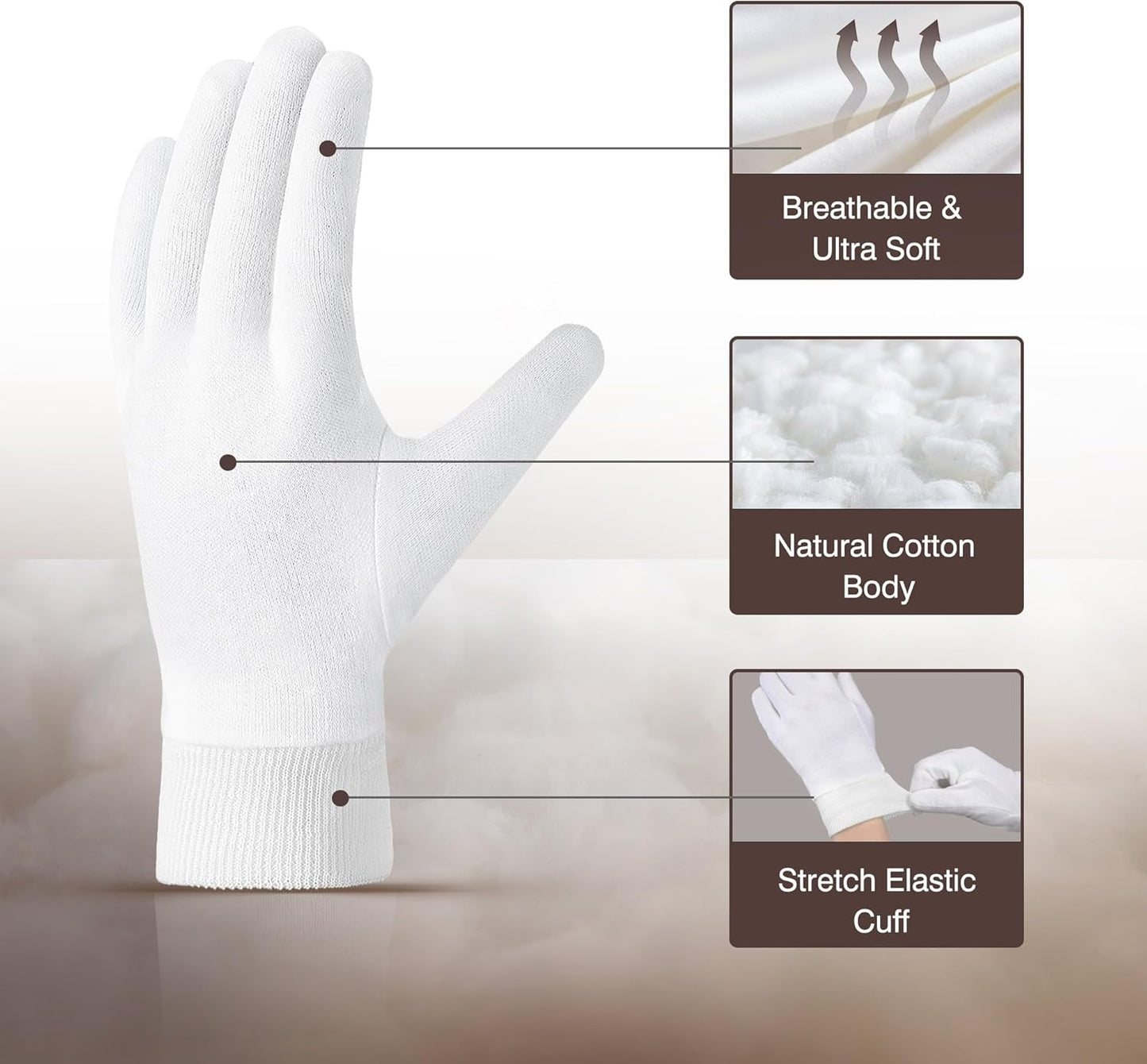 Soft Moisturizing Cotton Gloves Set - 4 Pairs for Dry Hands & Eczema | Overnight Lotion Spa Essentials, Small, White