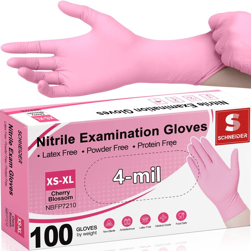 Schneider Nitrile Exam Gloves, 4-mil Medical Gloves Disposable Latex Free, Powder Free, Food Safe Glove for Cooking, Cleaning, Examination, Cherry Blossom, Medium, 100-ct Box