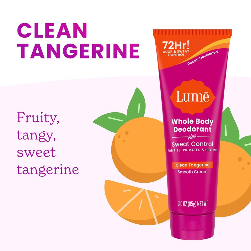 Lume Whole Body Deodorant Plus Sweat Control - Smooth Cream Tube - 72 Hour Odor And Sweat Control - Baking Soda Free, Skin Loving - 3.0 ounce (Pack of 2) (Clean Tangerine)