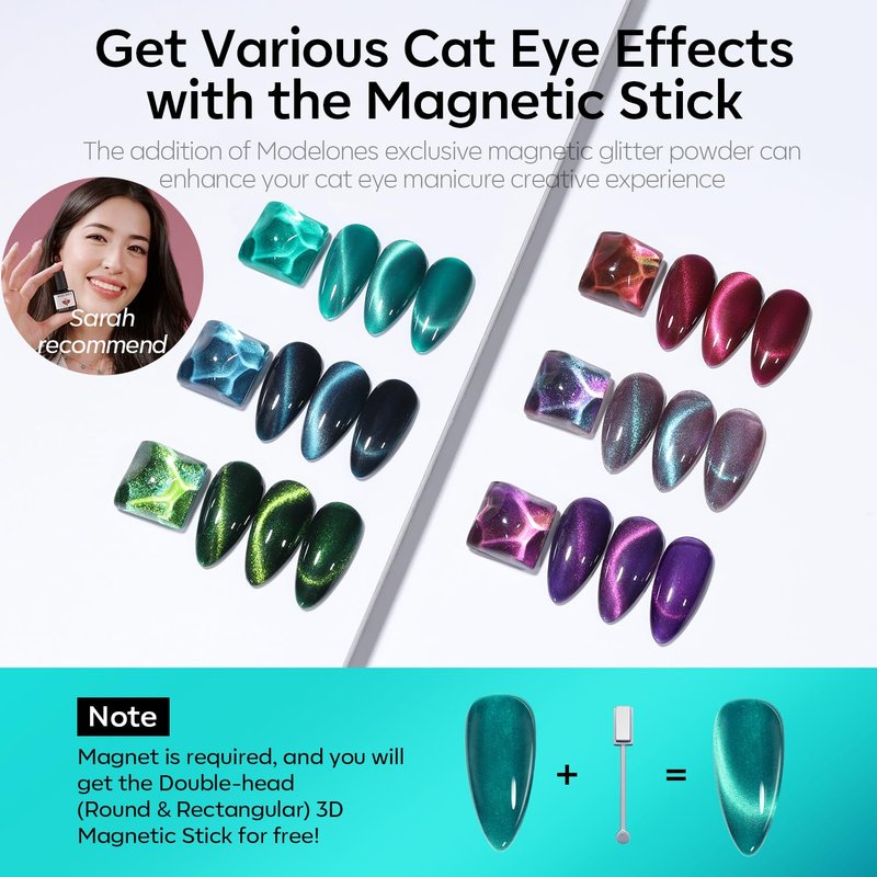 modelones Cat Eye Gel Nail Polish, 6 Colors Glitter Red Green Purple Blue Gel Polish Set with Magnet Sparkle Galaxy Series Nail Gel Polish Kit Soak Off Led Nail Art Manicure Salon DIY Gifts