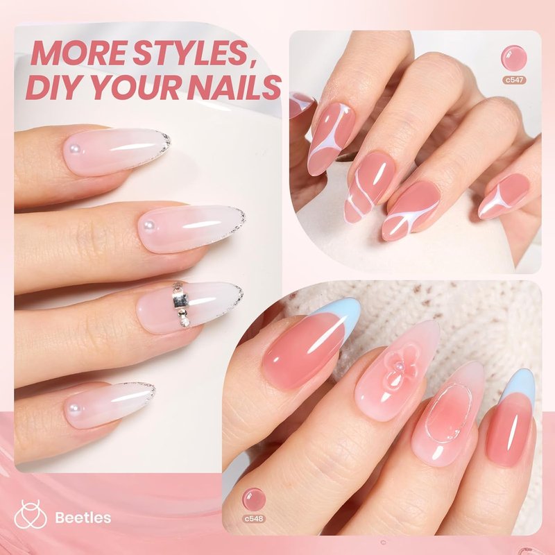 Beetles Medium Almond Nail Tips - 576pcs Pre-Etched Soft Tips with 6 Colors Gel Polish Set
