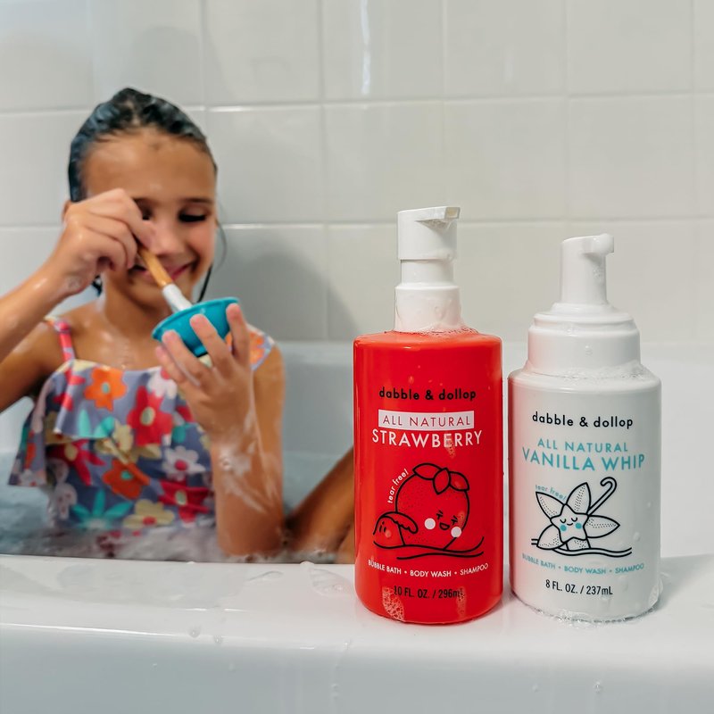 Dabble & Dollop Strawberry + Vanilla Kids 3-in-1 Body Wash, Shampoo & Bubble Bath Bundle – Gel + Foam Whip, Tear-Free, Gentle, Natural-Origin, Hypoallergenic and Safe for Sensitive Skin (Pack of 2)