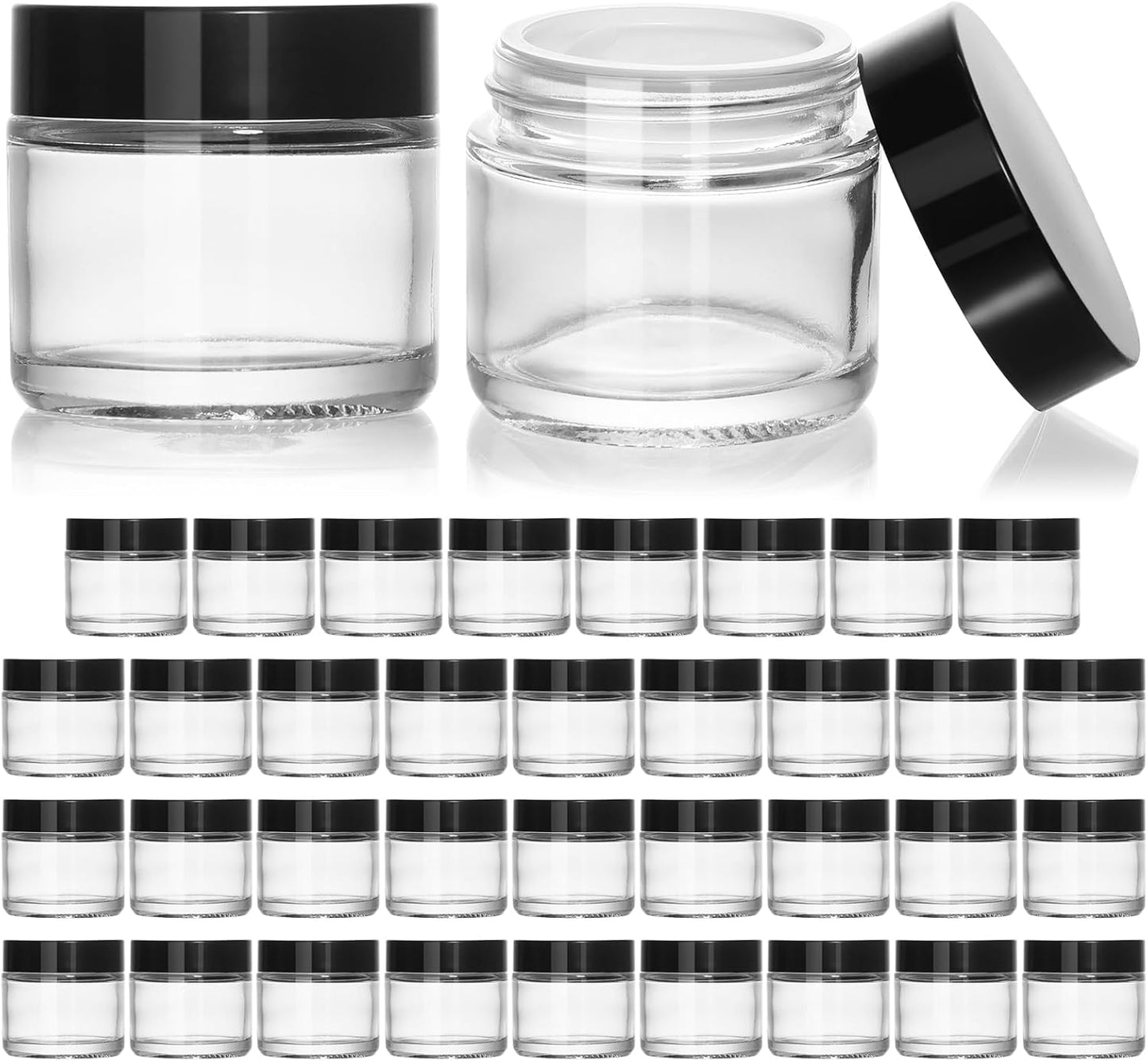 Small Glass Jars - 2oz Clear Round Cosmetic Jars with Black Lids | 35 Pack for Lotions, Powders, Ointments