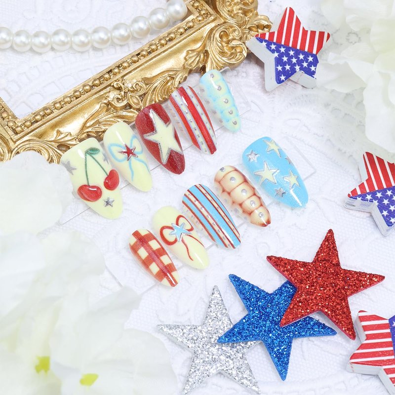 30Pcs 4th of July Press on Nails Almond Shape Patriotic Fake Nails Reusable Acrylic False Nails with Adhesive Tabs Red White Blue Star Cherry Design Independence Day Press on Nails for Women DIY
